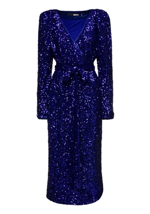 Rotate by Birger Christensen Long Blue Wrap Dress With All-over Sequins In Stretch Polyester Woman Rotate