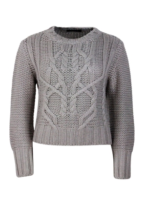 Fabiana Filippi Long Sleeve Crewneck Sweater In 100% Soft Virgin Wool With Cable Knit On The Front