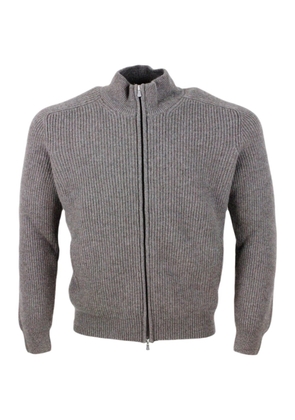 Barba Napoli Long-sleeved Full-zip Sweater In Soft And Fine Cashmere With Half English Rib Knit