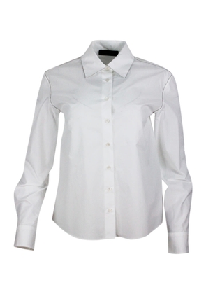 Fabiana Filippi Long-sleeved Shirt In Stretch Cotton Poplin With A Slim Fit Trimmed With Rows Of Brilliant Jewels