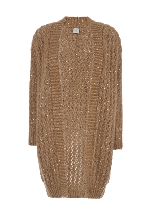 Eleventy Long Beige Cardigan With All-over Sequins In Cotton And Mohair Woman