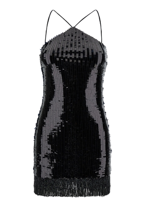 Taller Marmo Min Black Dress With All-over Sequins And Fringes In Fabric Woman
