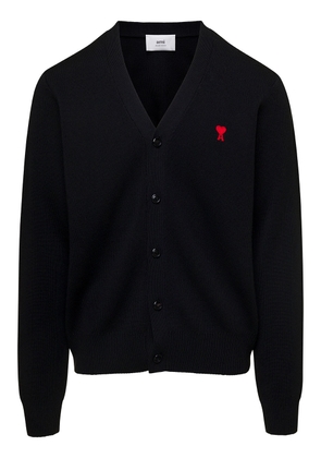 Ami Alexandre Mattiussi Black Ribbed Cardigan With Contrasting Logo Embroidery In Wool Man