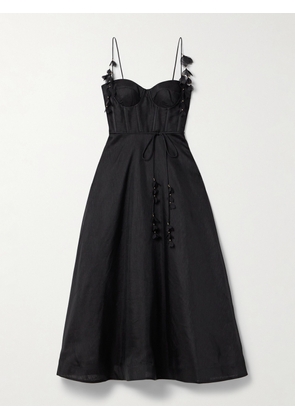 Zimmermann - Natura Appliquéd Linen And Silk-blend Midi Dress - Black - 00,0,1,2,3,4