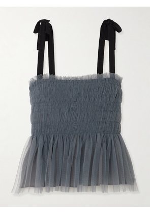 Molly Goddard - Lydia Shirred Grosgrain-trimmed Tulle Top - Gray - UK 6,UK 8,UK 10,UK 12,UK 14