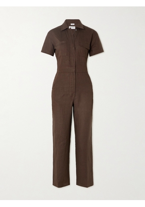 Rivet Utility - Worker Cropped Linen Jumpsuit - Brown - x small,small,medium,large,x large