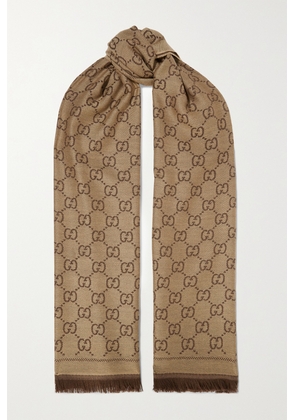 Gucci - + Net Sustain Sten Reversible Fringed Organic Wool-jacquard Scarf - Brown - One size