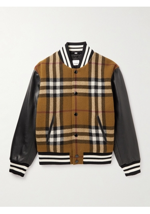 Burberry - Checked Wool-Blend and Full-Grain Leather Varsity Jacket - Men - Brown - IT 46