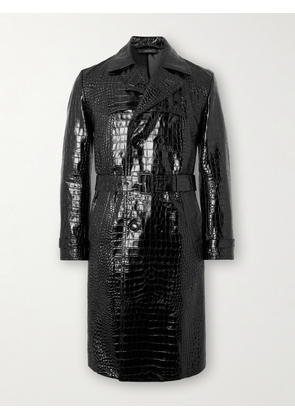 TOM FORD - Double-Breasted Croc-Effect Leather Trench Coat - Men - Black - IT 48