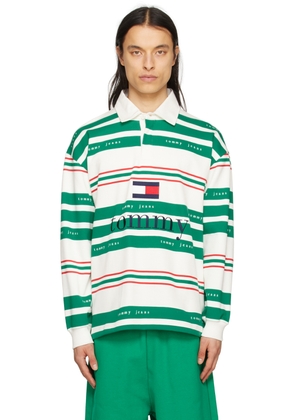 Tommy Jeans Green & White Striped Rugby Long Sleeve Polo