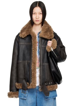 Stella McCartney Black & Brown Plush Teddy Faux-Leather Coat
