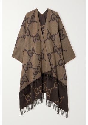 Gucci - Reversible Fringed Jacquard-knit Cashmere Wrap - Brown - One size