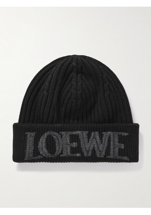 LOEWE - Logo-Embroidered Ribbed Wool Beanie - Men - Black