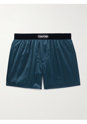TOM FORD - Velvet-Trimmed Stretch-Silk Satin Boxer Shorts - Men - Blue - S