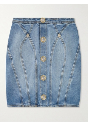 Balmain - Embellished Paneled Denim Mini Skirt - Blue - FR34,FR36,FR38,FR40,FR42,FR44