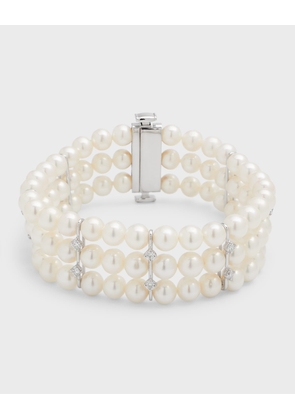 18K White Gold 3 Row Bracelet with Diamonds and Freshwater Pearls, 6-6.5mm