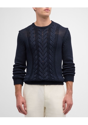 Men's Silk-Cotton Cable Knit Crewneck Sweater