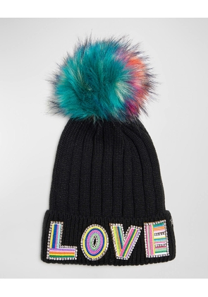 Love Knit Wool Beanie with Faux Fur Pom