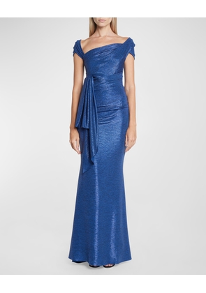 Mirrorball Draped Off-Shoulder Gown