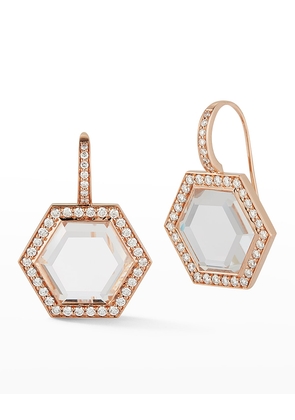 Bell Rose Gold Rock Crystal Hexagonal Wire Earrings with Diamond Border