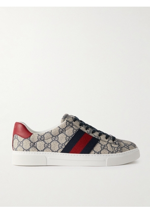 Gucci - Ace Leather and Webbing-Trimmed Monogrammed Canvas Sneakers - Men - Neutrals - UK 7
