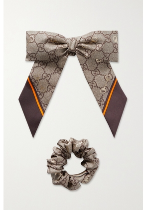 Gucci - Gg Printed Silk Hair Tie And Scrunchie Set - Brown - One size