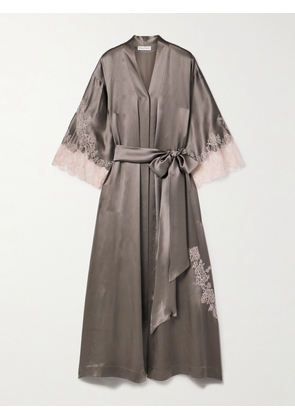 Carine Gilson - Chantilly Lace-trimmed Silk-satin Robe - Gray - small