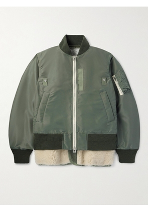 Sacai - Layered Wool-Trimmed Twill and Fleece Bomber Jacket - Men - Green - 1