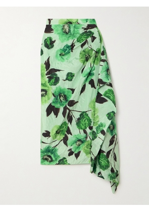 Erdem - Asymmetric Draped Floral-print Crinkled-taffeta Midi Skirt - Green - UK 6,UK 8,UK 10,UK 12