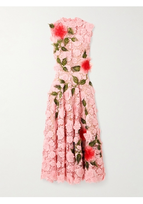 Oscar de la Renta - Hibiscus Appliquéd Embroidered Guipure Lace Midi Dress - Pink - US0,US2,US4,US6,US8,US10