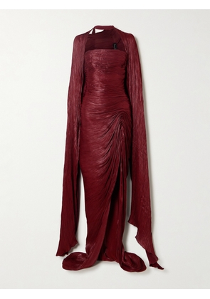 Marmar Halim - Strapless Plissé Silk-satin Gown And Cape - Burgundy - IT36,IT38,IT40,IT42,IT44,IT46