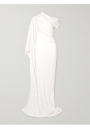 Marmar Halim - Asymmetric Cape-effect Draped Sequined Silk-blend Gown - Off-white - IT38,IT40,IT42,IT44,IT46,IT48