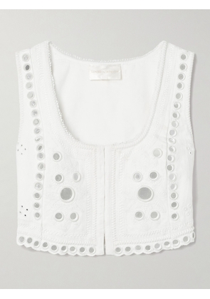 LoveShackFancy - Cayman Cropped Paillette-embellished Embroidered Linen Top - White - US0,US2,US4,US6,US8