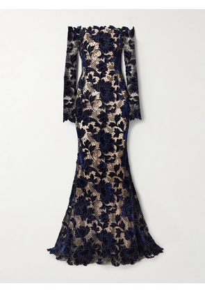 Oscar de la Renta - Off-the-shoulder Appliquéd Velvet And Guipure Lace Gown - Blue - US4,US6,US8