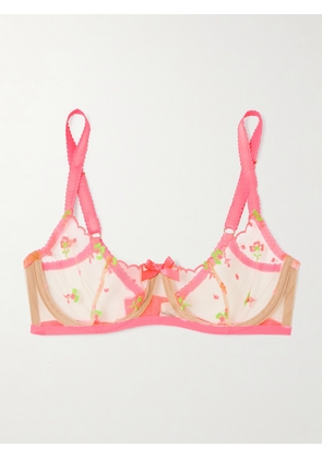 Agent Provocateur - Willowe Bow-detail Embroidered Satin-trimmed Tulle Underwired Bra - Pink - 32B,34B,36B,32C,34C,36C,32D,34D,36D