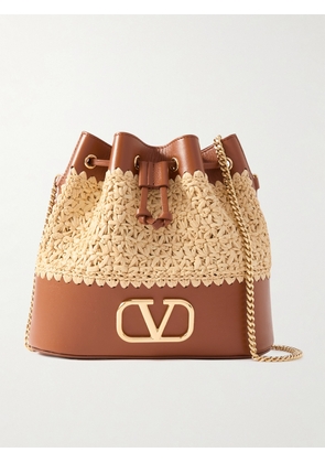 Valentino Garavani - Vlogo Mini Leather And Woven Raffia Bucket Bag - Neutrals - One size