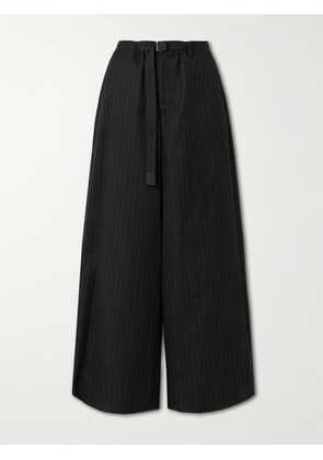 Sacai - Belted Pinstriped Brushed Wool-twill Wide-leg Pants - Black - 1,2,3,4