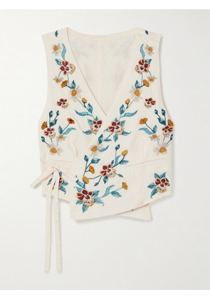 Agua by Agua Bendita - Bella Florero Appliquéd Embroidered Linen Wrap Vest - Ecru - x small,small,medium,large