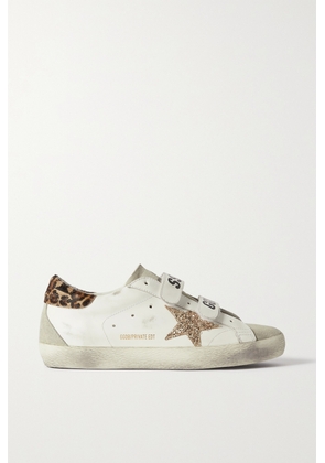 Golden Goose - Old School Pony Hair-trimmed Distressed Glittered Leather And Suede Sneakers - White - IT35,IT36,IT37,IT38,IT39,IT40,IT41,IT42