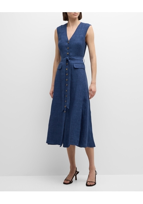 Button-Down Linen-Denim Midi Vest Dress