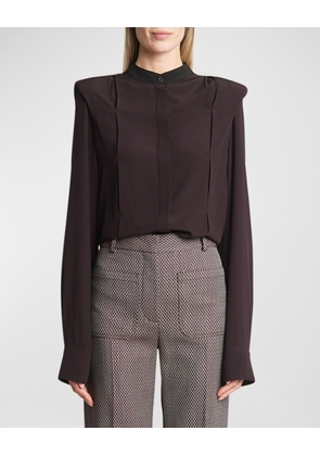 Contrast-Collar Strong-Shoulder Silk Blouse