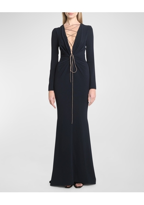 Lace-Up Plunging Long-Sleeve Cady Trumpet Gown