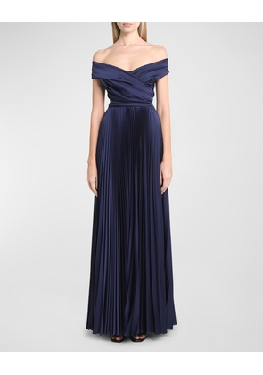 Pleated Voile Satin Off-the-Shoulder Gown