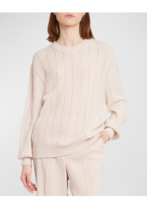 Cashmere-Silk Lattice Knit Crewneck Sweater