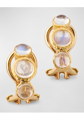 19K Yellow Gold Three Round Cabochon Moonstone Earrings with Fold Down Posts