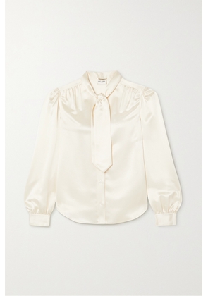 SAINT LAURENT - Cropped Pussy-bow Silk-charmeuse Blouse - Cream - FR36,FR38,FR40,FR42