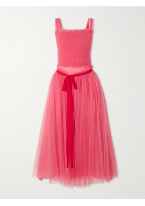 Molly Goddard - Elodie Shirred Grosgrain-trimmed Tulle Midi Dress - Pink - UK 6,UK 8,UK 10,UK 12,UK 14