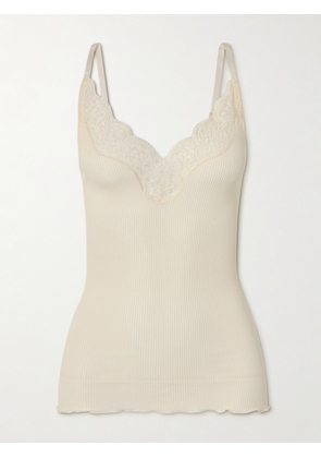 SAINT LAURENT - Lace-trimmed Ribbed Silk-jersey Tank Top - Neutrals - XS,S,M,L,XL