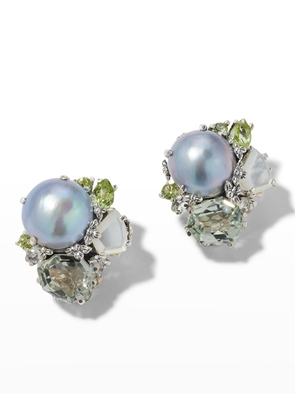 Mabe Pearl and Stone Clip Earrings