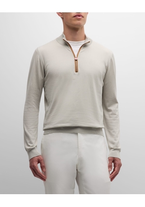 Men's Quarter-Zip Cotton Sweater With Suede Trim